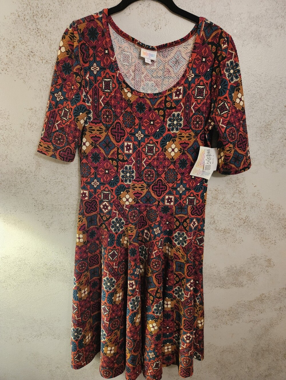 LuLaRoe Women's Nicole Dress Paisley Geometric Rust Turquoise large NWT